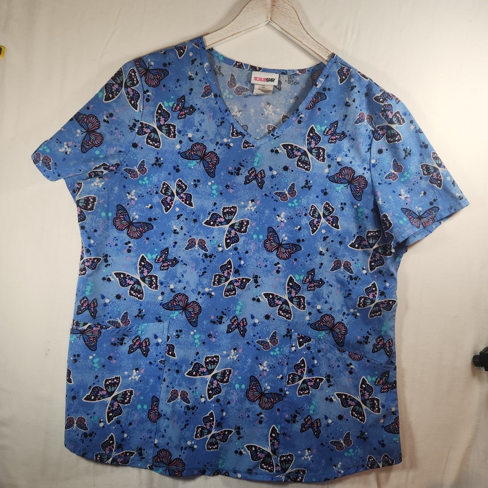 ScrubStar Blue Butterfly Print V-Neck Scrub Top Womens Large Short Sleeve Pocket